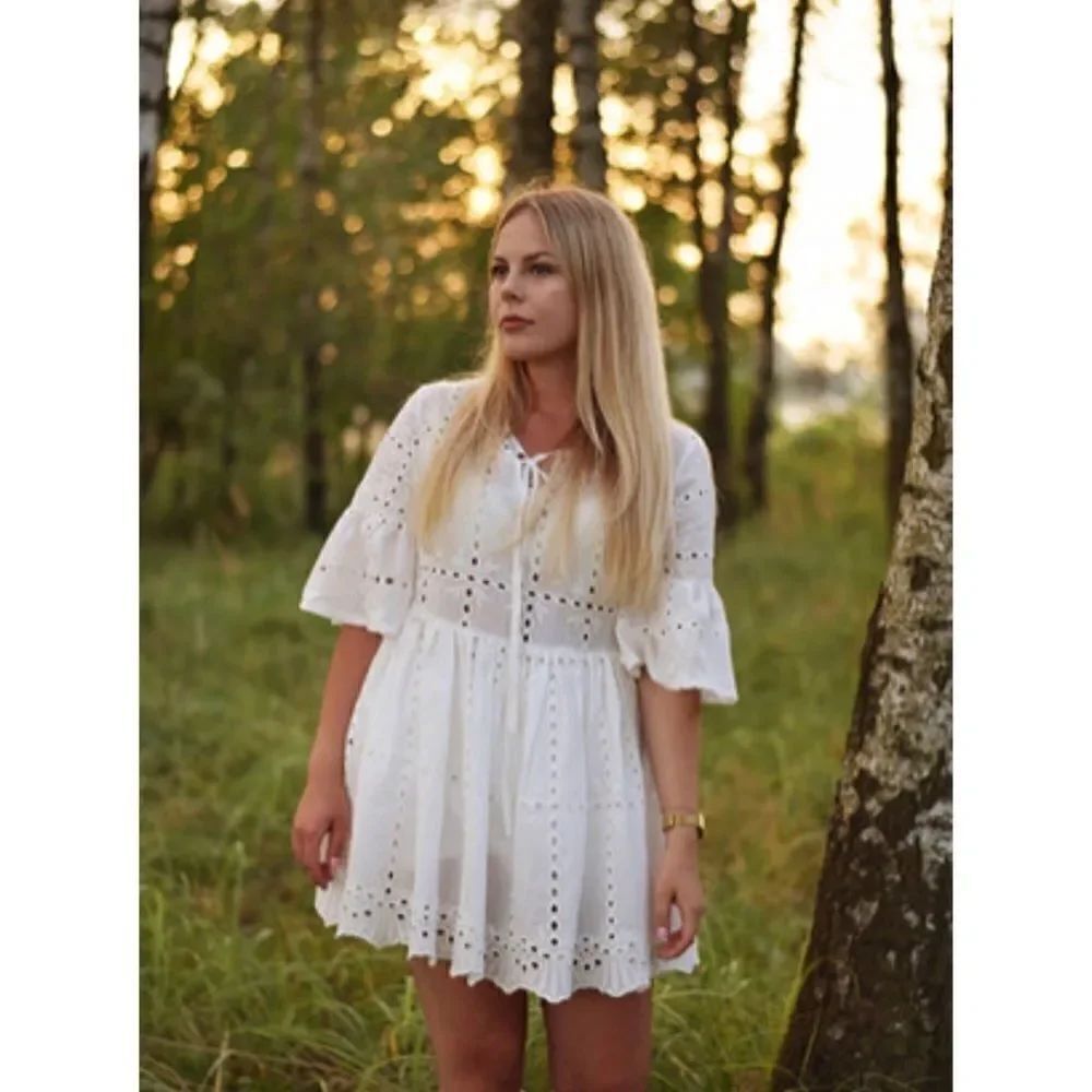 ✨Fluted Sleeve Eyelet Embroidered Smock Dress✨